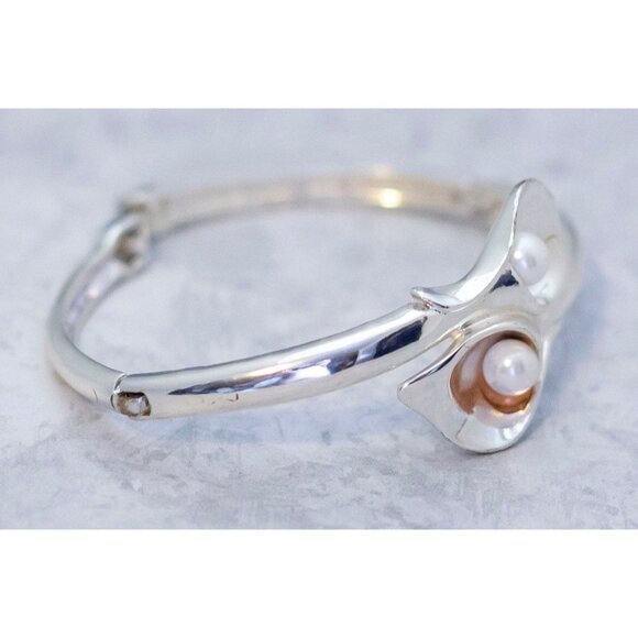 6 1/2 inch, Vintage Silver Tone Faux Pearl Hinged Bangle by Avon | CC1 - Picture 2 of 3